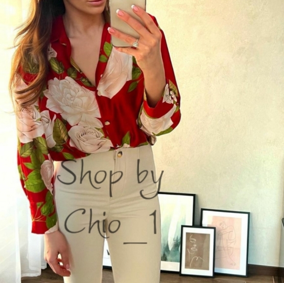 ZARA LONG PRINTED SHIRT Satin effect with V-neck color red Bloggers Favorite - Picture 7 of 13